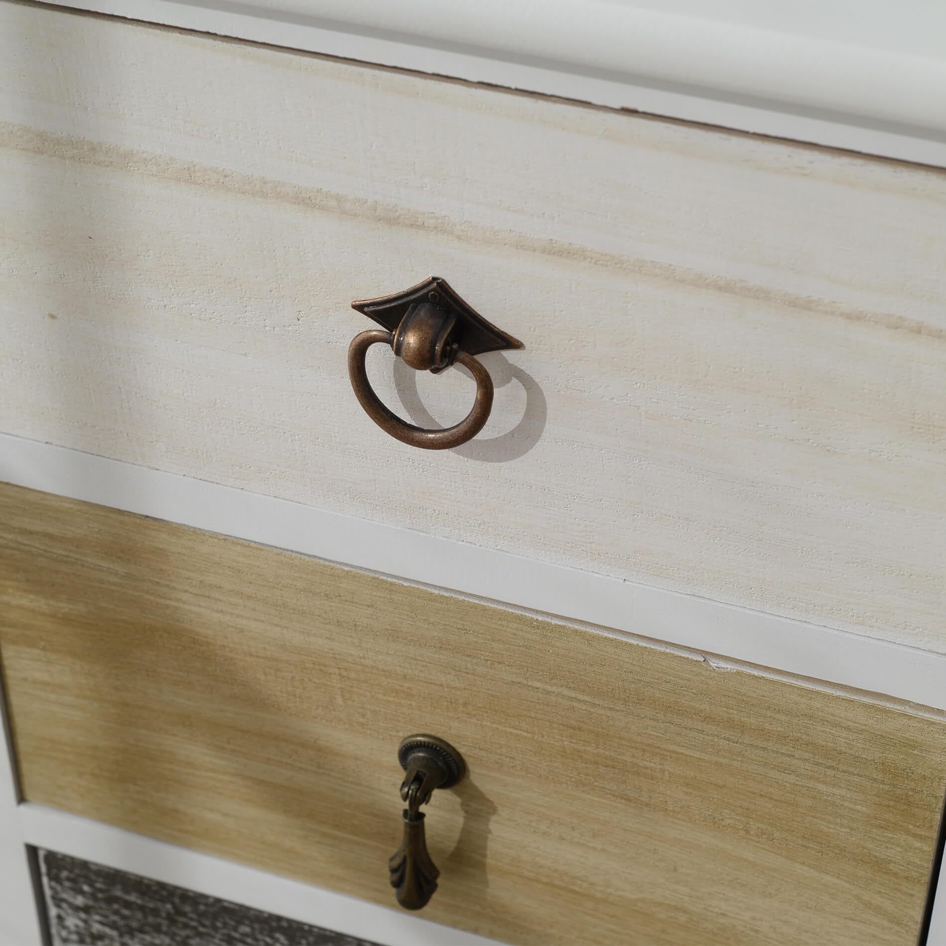 Rebecca Mobili Cassettiera bianca marrone grigia, como piccolo, con 5 cassetti, legno paulownia, stile retro, per arredamento camera ingresso - Misure: 84 x 37 x 27 cm (HxLxP) - Art. RE4157