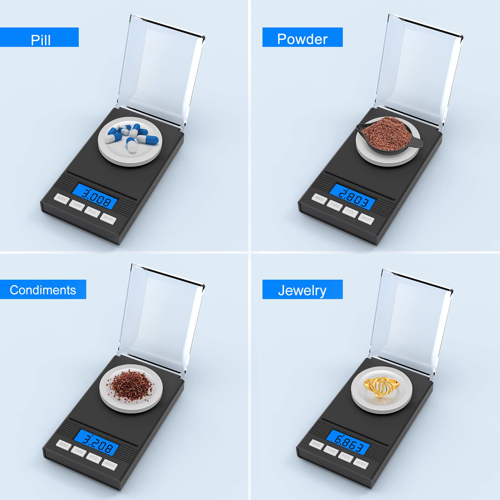 Bilancia di Precisione 50 g/0,001 g, Mini Bilancia Milligrammo Precisione Digitale Scale con Funzione Tare, Display LCD, Calibrazione pesi, 2 × Batterie, Pinzette e Padelle