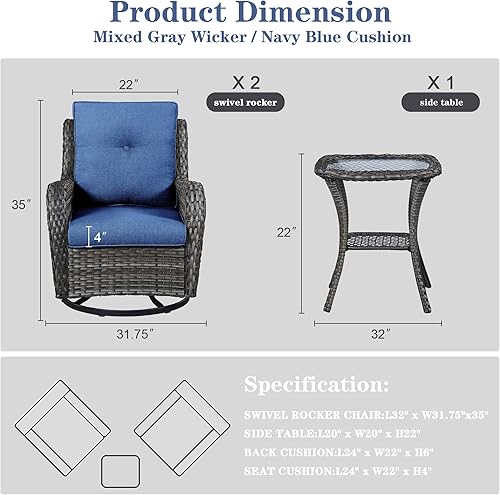 Miniatura 2 de Belord Mecedoras giratorias para patio mecedoras giratorias de mimbre para exteriores juego de muebles de mimbre de patio de 3 piezas para porche