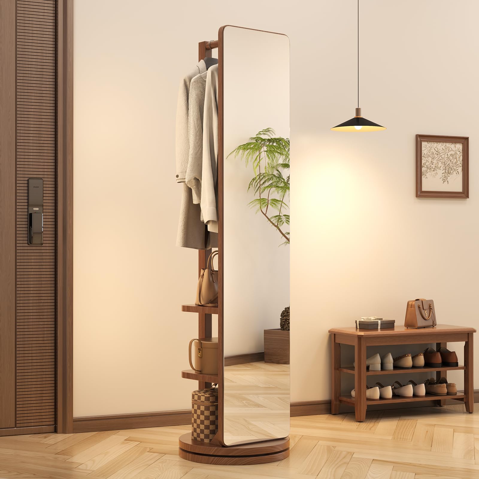 Full Length Mirror, Unique Wood Oversized Floor Mirror with Coat Rack, Entryway Full Body Mirror (Walnut)