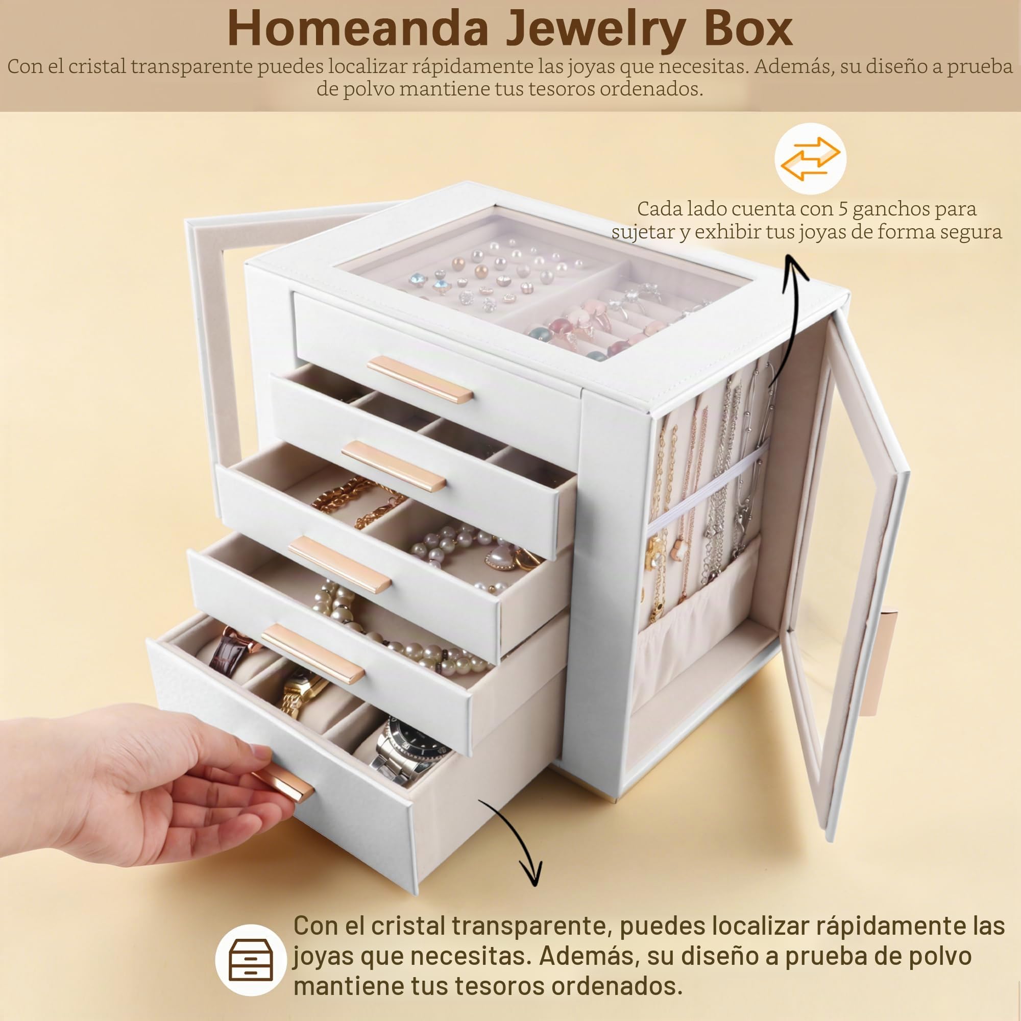 Homeanda Joyero para mujeres con tapa de vidrio, organizador y almacenamiento de joyas de 5 cajones para collares, anillos, aretes, pulseras, regalo para niñas y adolescentes, de piel sintética