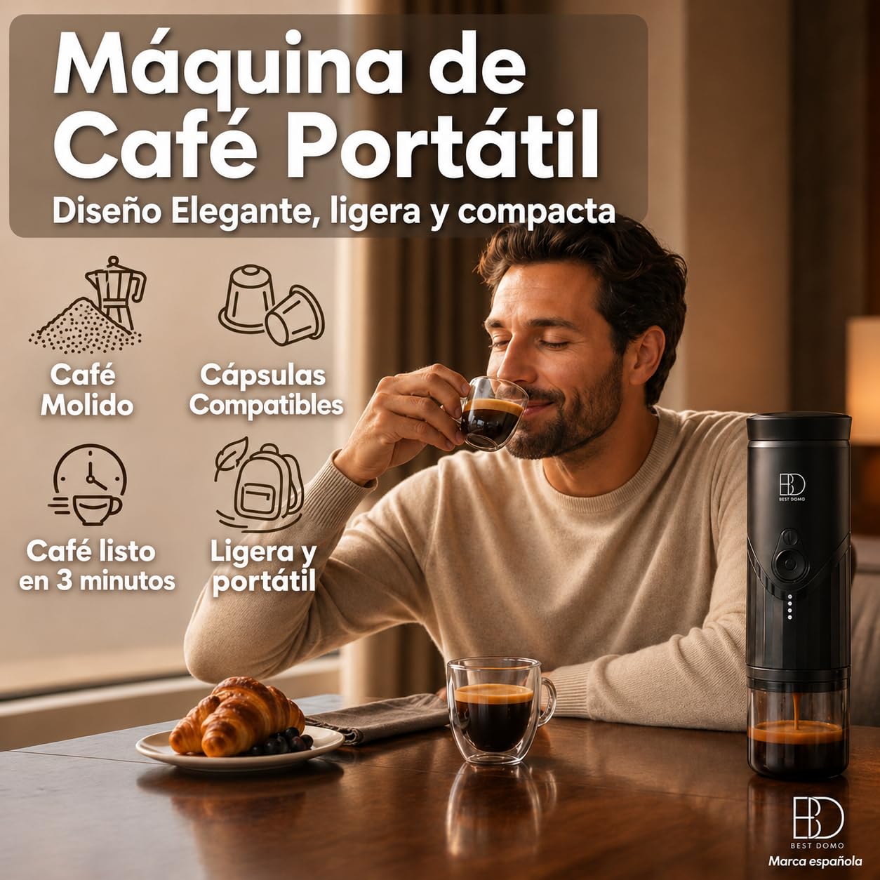 Cafetera Portátil para Cápsulas Pequeñas y Café Molido, Espresso 20 Bares | Calienta el agua y prepara hasta 5 espressos por carga. USB-C recargable, con estuche ideal para coche, viajes y oficina