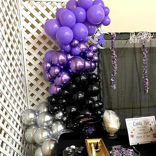 Miniatura 4 de Juego de globos morados, 60 piezas con globos plateados metálicos, globos morados oscuros y negros de 12 pulgadas para decoraciones de fiesta de