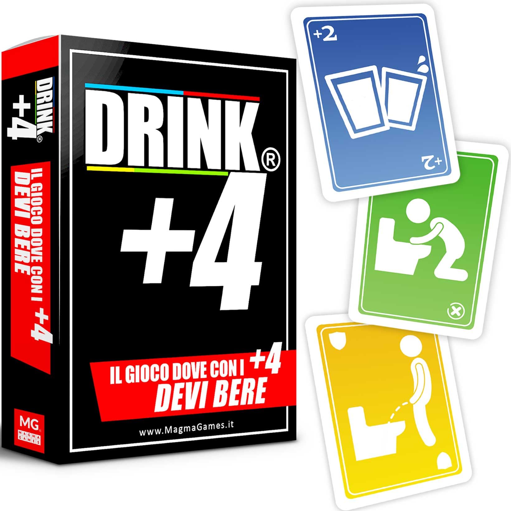 Magma Games DRINK +4 - Giochi Alcolici da uno a +12 Giocatori, Gioco Alcolico per Adulti con Carte Divertenti, Drinking Game da Sbronzami con Shottini per Addio al Nubilato, Celibato, Feste, Roulette