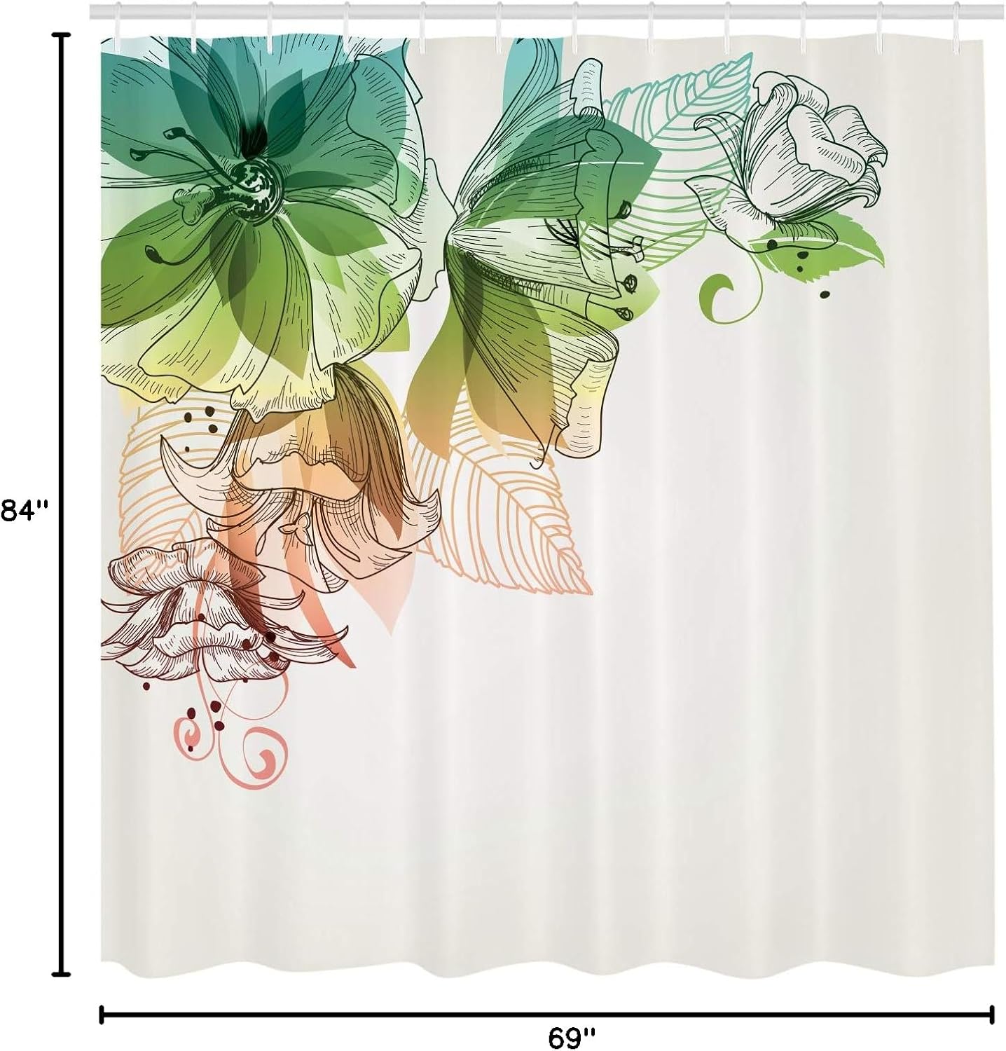 Ambesonne Flowers Shower Curtain, Buds Leaf at The top Left Corner Season Celebrating Theme Illustration, Cloth Fabric Bathroom Decor Set with Hooks, 69" W x 84" L, White and Multicolor