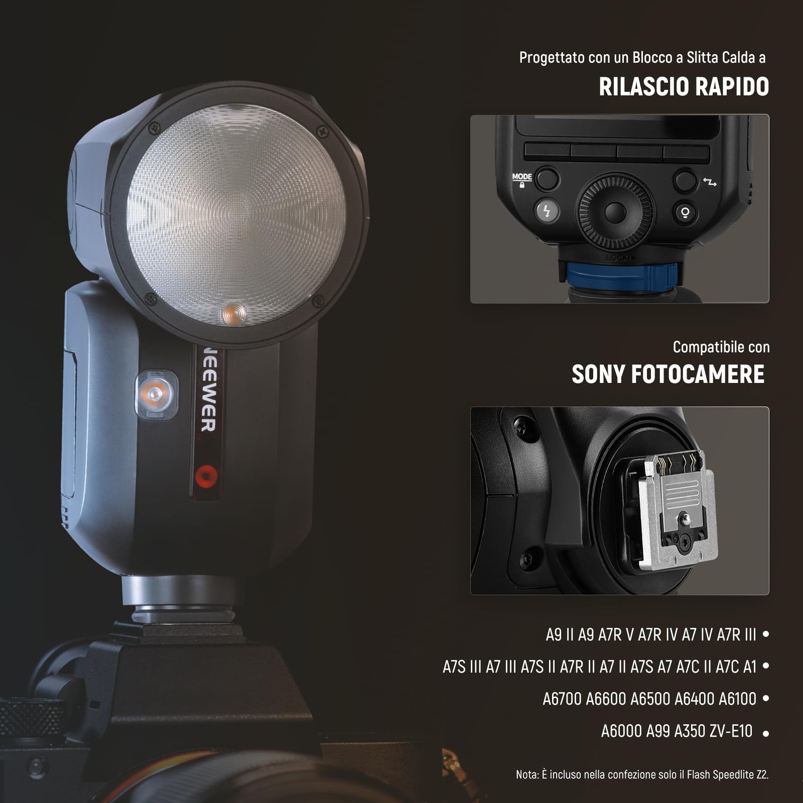 NEEWER Z2-S Flash Speedlite TTL a Testa Rotonda 2,4G per Sony da 76W con Nuova UI, Lampade Pilota, Cambio Rapido TCM TTL/M, HSS 1/8000s, Batteria 2600mAh, 480 Flash a Piena Potenza, Panno per Pulizia