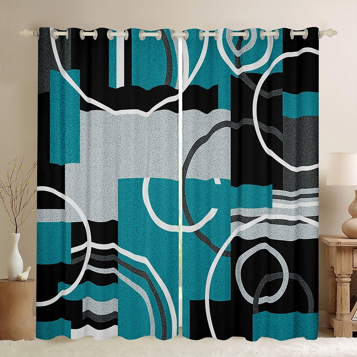 Modern Turquoise Decor Curtains 84"Wx84"L Geometric Circles Gird Window Drapes For Boys Girls Kids Teens Black Grey Curtains & Drapes Stripe Swirls Grommet Curtains Modern Graphic Window Treatments