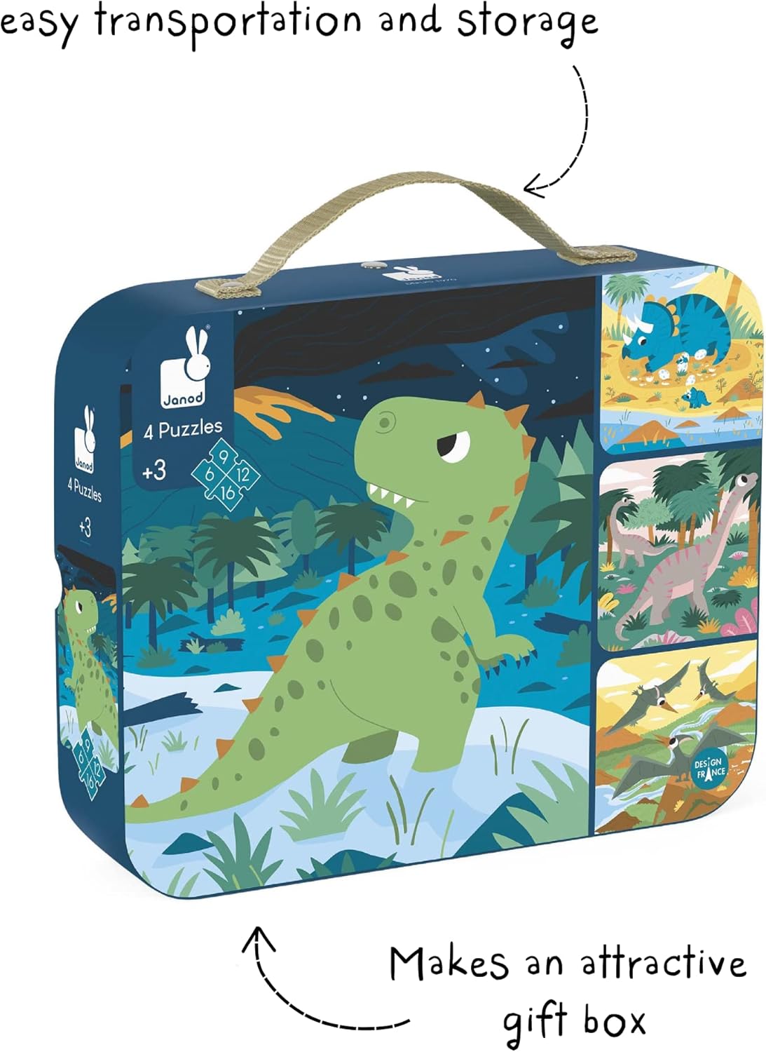 Janod - 4 Progressive Dinosaur Jigsaw Puzzles 6, 9, 12 & 16 Piece - Ages 3 Years+ - Child Entertainment - Step-by-Step Learning - Educational and Fun - J02657