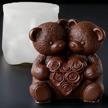 3D Rose Bear Silicone Molds Candle Making Molds Mothers Day Silicone Molds Resin Silicone Mold for Women Gifts,Birthday/Wedding/Mother/Father Gift,and Window Display Two Bears Heart