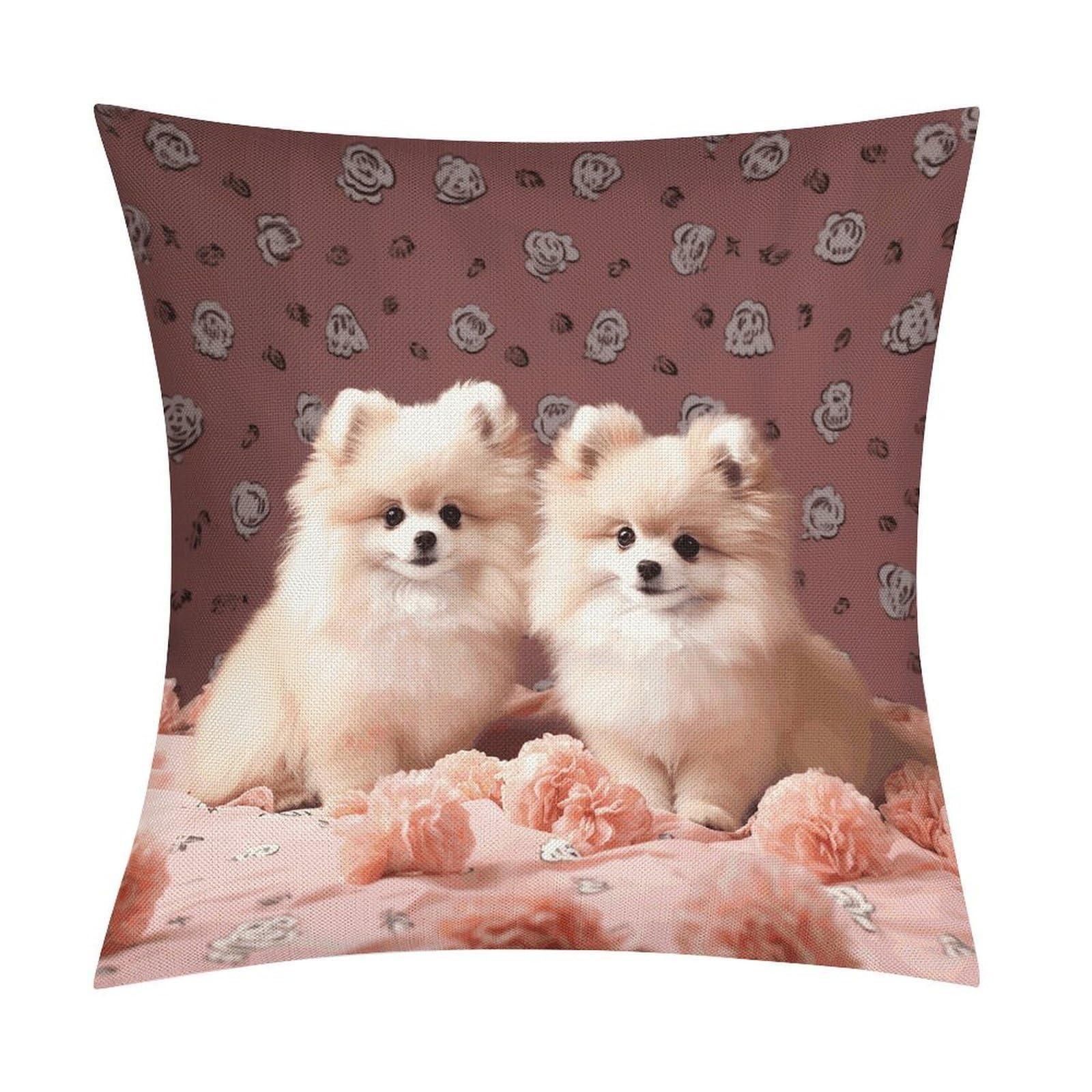 LZQPOEAS Pomeranians Puppies and Point Throw Pillow Covers, Waterproof Faux Linen Pillow Cases with Invisible Zipper, Decorative Square Cushion Covers for Sofa Couch Living Room Bedroom 18x18 Inch