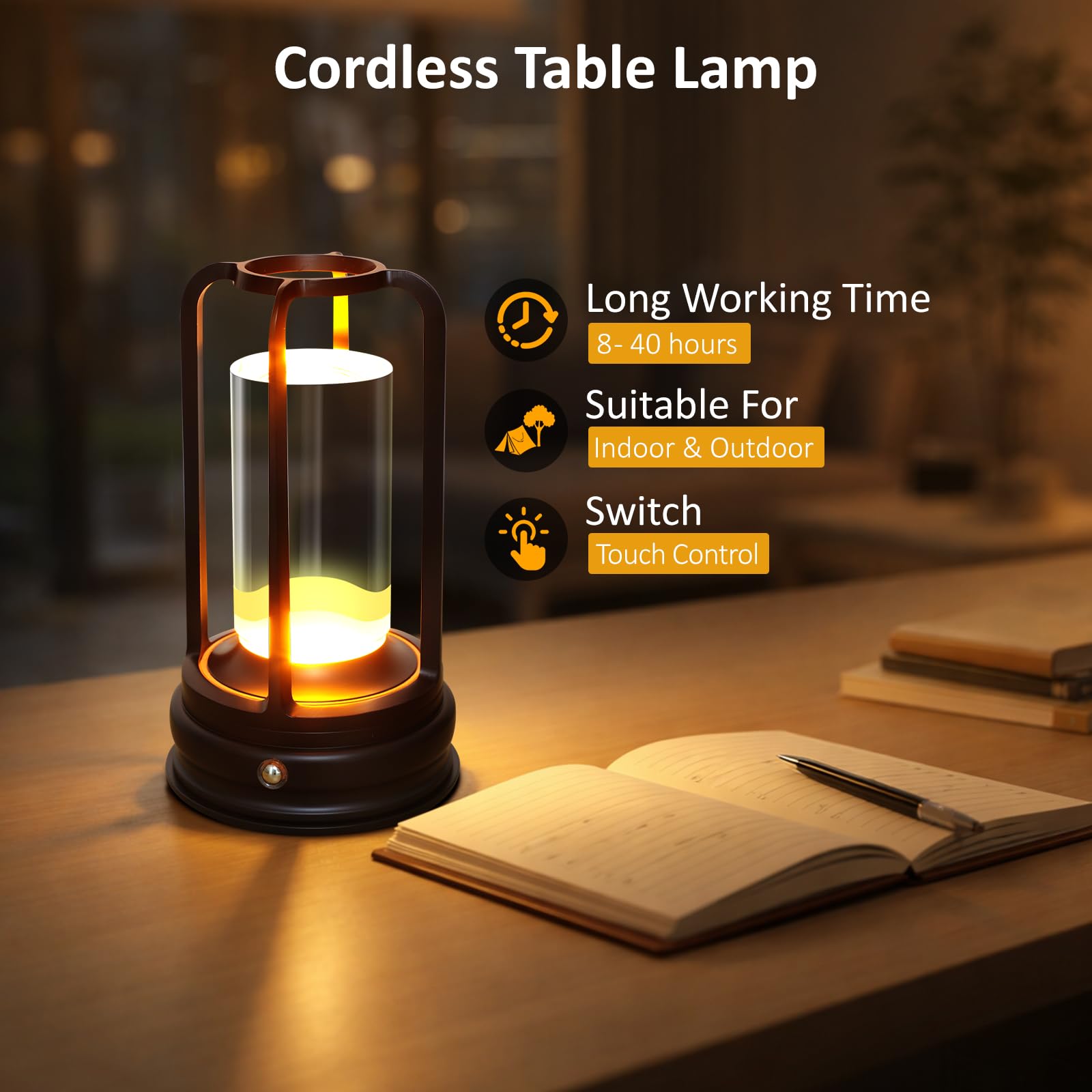 Kangtaixin LED Tischlampe kabellos, 2 Pack, Dimmbare Akku-Tischlampe mit Touchsteuerung, 3 Lichtfarben, Nachttischlampe aus Metall, für Schlafzimmer & Wohnzimmer, Schwarz