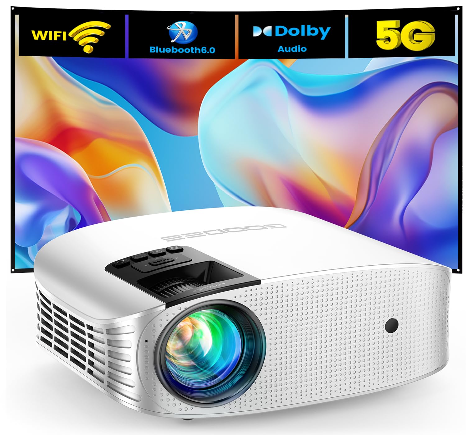 Projector, GooDee 4K Support 600 ANSI WiFi Bluetooth Native Full HD 1080P Projector, 15000L Home Theatre Projector 4P/4D with Dolby Audio, Compatible iOS/Android/Tablet/PC/TV Stick/USB/DVD/Game/PPT