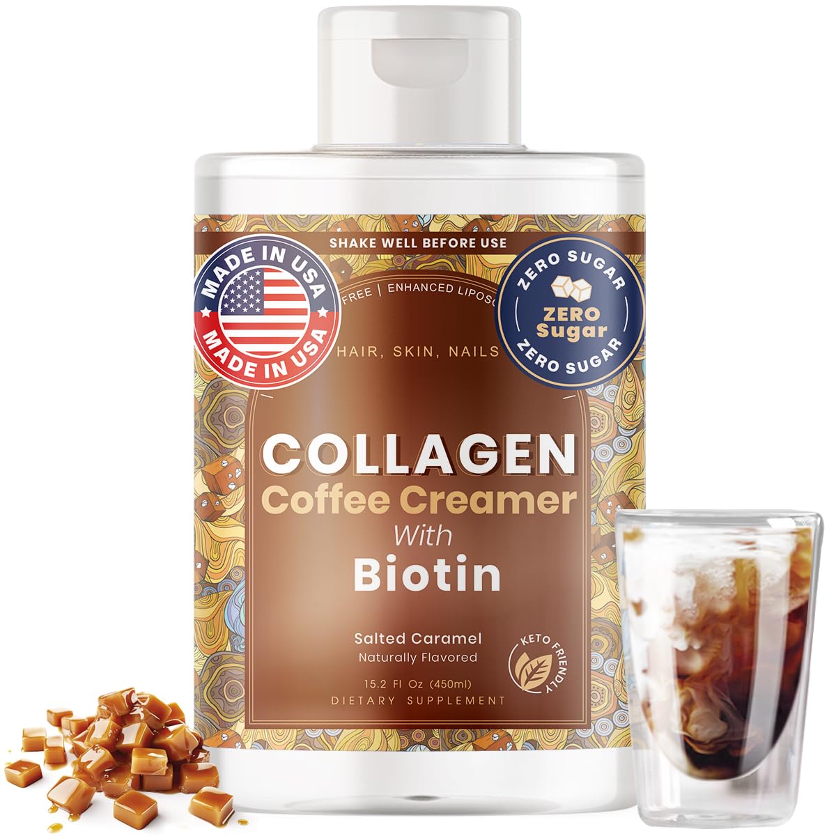 Collagen Coffee Creamer by Owl & Ox – Biotin-Infused for Healthy Hair, Skin & Nails | Keto, Dairy-Free, Sugar-Free, Gluten-Free | Liquid Salted Caramel | 30 Servings