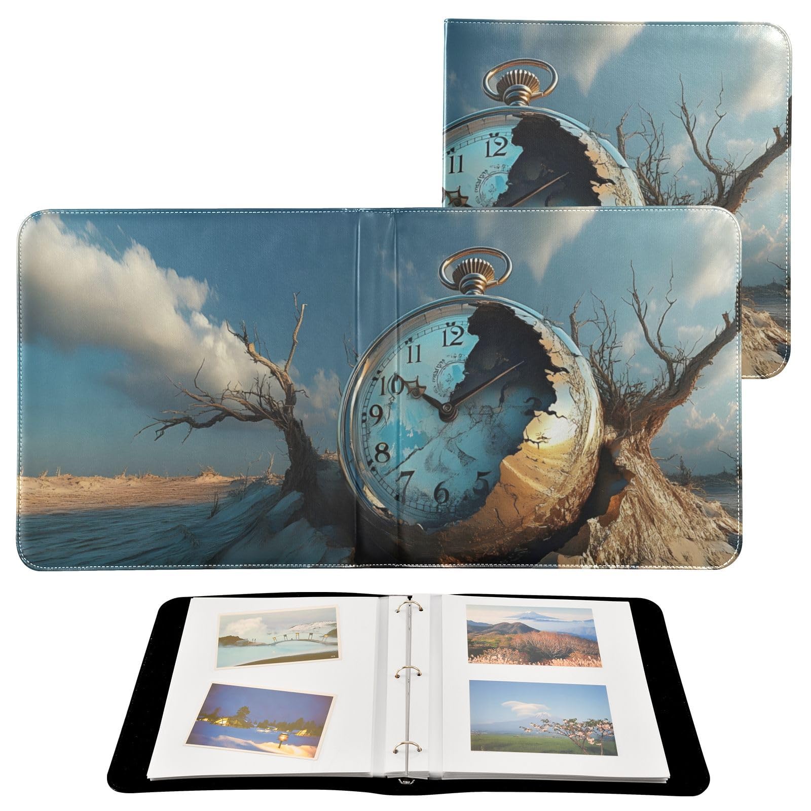 FOLIOSA Photo Album Abstract Clock Print, Leather Cover Self Adhesive Scrapbook Album for 2x3/4x6/5x7/6x8 in Photos for Family Travel Wedding