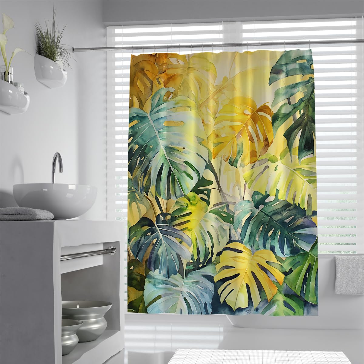 UIRINGART Bright Yellow Green Monstera Leaves Shower Curtain W180xL180cm Fresh Tropical Jungle Plant Botanical Fabric Water Repellent Anti Mould Bathroom Curtain For Tub