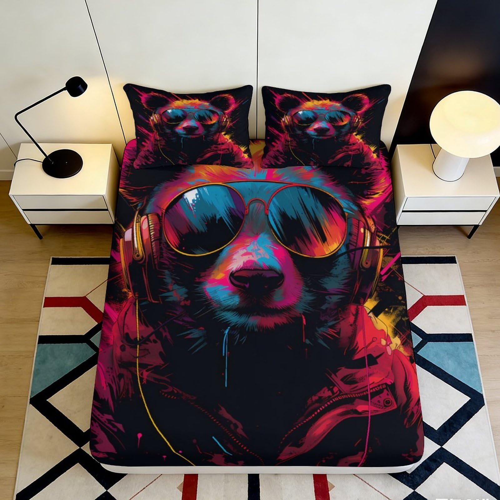 3D Printed Cool Bear Fitted Sheet Microfiber Graffiti Headphones Bed Cover for Bedroom Dorm Mattress Decor 90x200x25cm