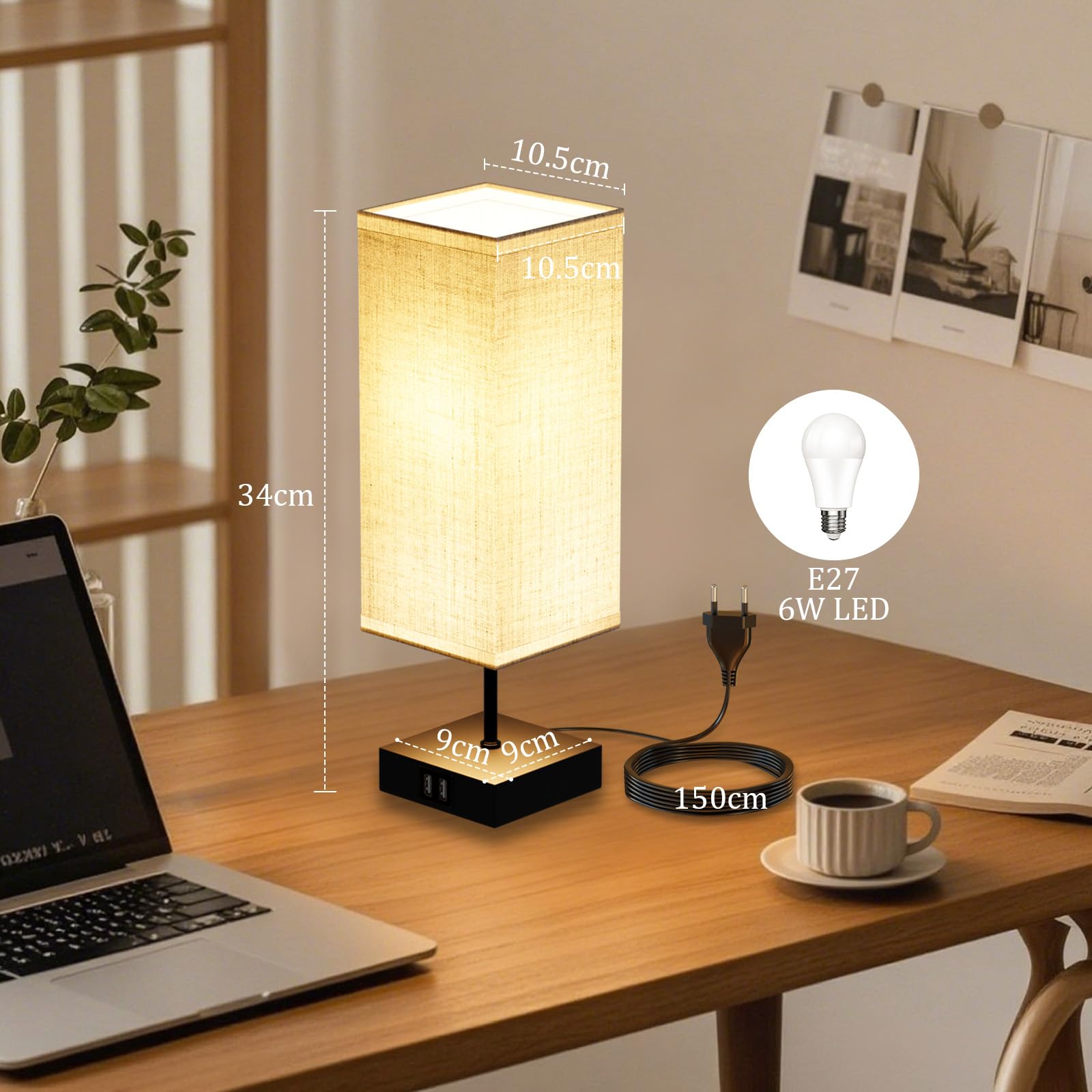 Lámparas de Mesita de Noche Control Táctil, Bedside Lamp con 3 Temperaturas de Color y Regulable, 2 Puertos USB de Carga, 2 x 6W E27 Bombillas, ideal para Dormitorio, Sala de Estar y Oficina
