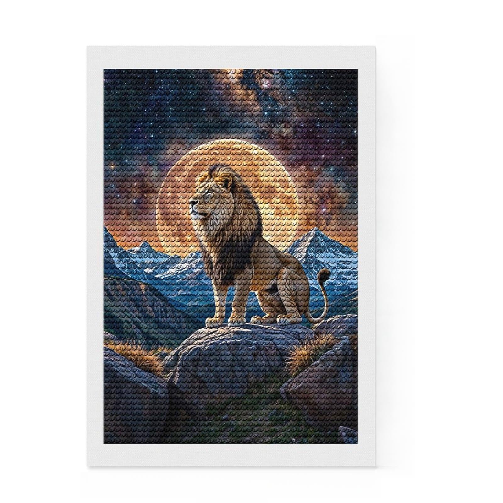 Junmoney Lion on Rock with Moon and Stars Diamond Art Canvas 8"x12", for Creative Relaxation, Pleasing Wall Art Project, Aesthetic Room Decor, Christmas Gift