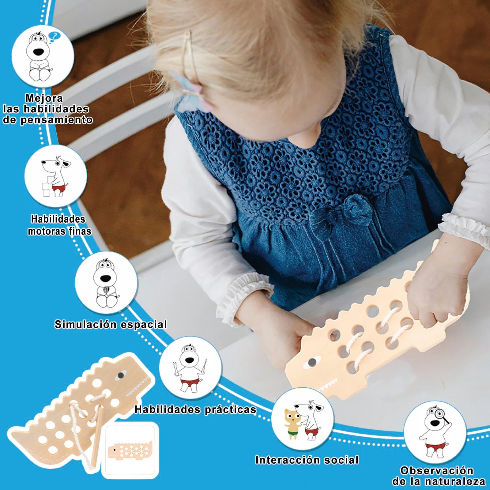 Dr. MUYA – Juguete Montessori De Enhebrar Cuentas De Madera – 42 Piezas De Formas De Animales Y Frutas – Ideal Para 2 A 6 Años – Motricidad Fina Y Creatividad
