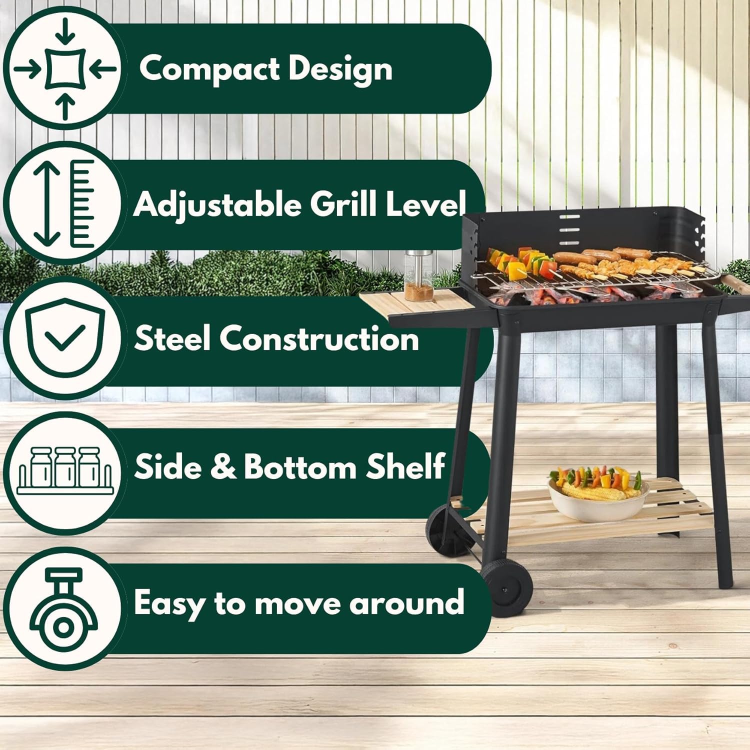 Garden Mile Parrilla de carbón con altura ajustable, carrito portátil para barbacoa con recogedor de cenizas y ruedas para cocinar al aire libre, jardín, fiesta, color negro