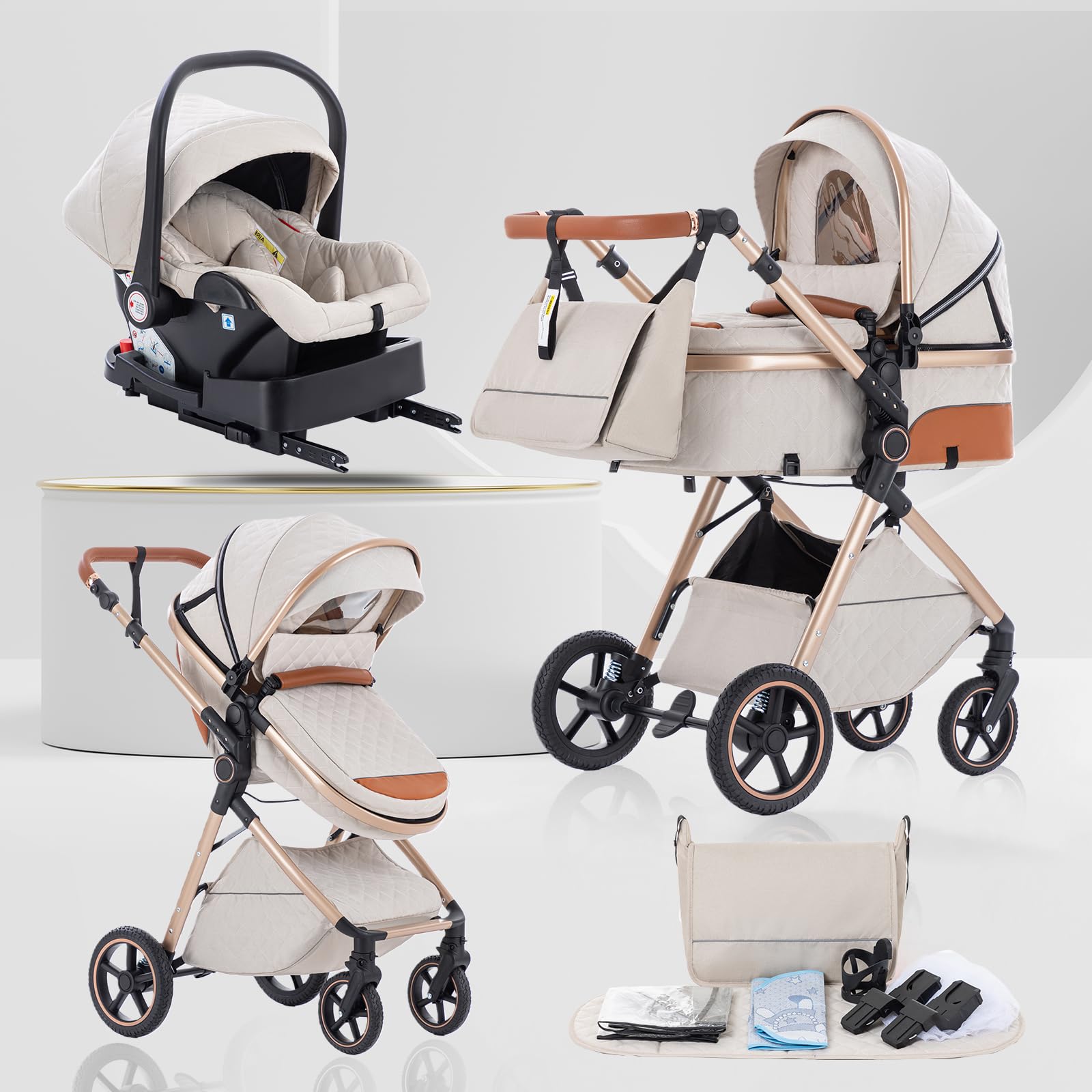 Passeggino 3 in 1, Passeggino Compatto con Zanzariera e Copripioggia, Passeggino Leggero Con Maniglia Regolabile, Ruote in PU, Adatto da 0-3 Anni,Beige