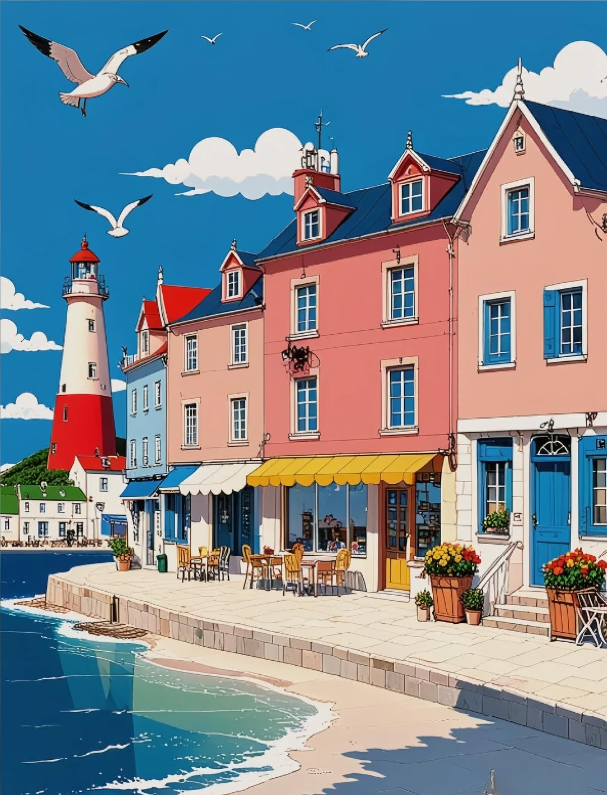 Stithej Pre-Printed Cross Stitch Kit Seaside Town 11CT for Adults Beginners