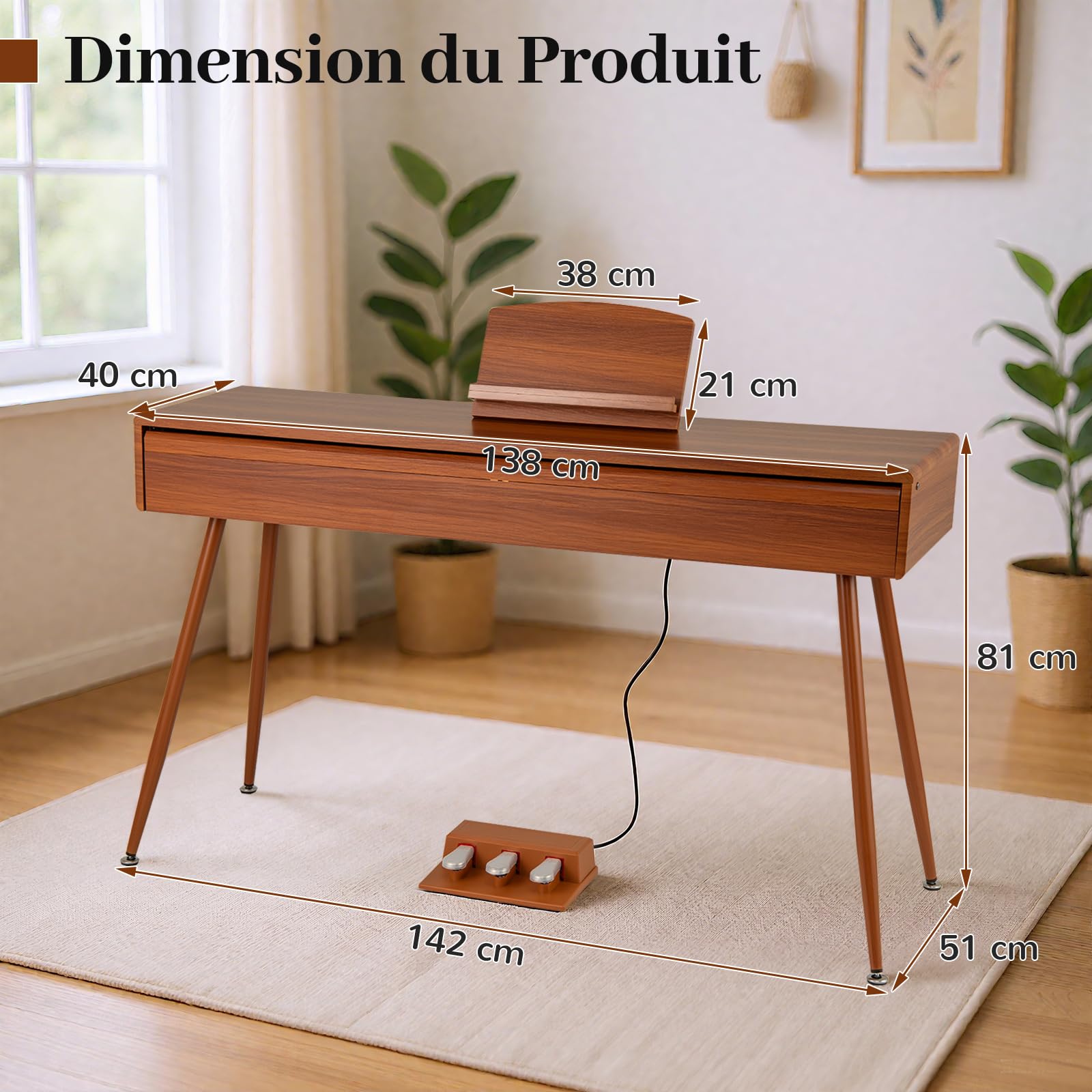 COSTWAY Piano Numérique 88 Touches avec Tiroir & Pupitre Amovible, Clavier Piano Électrique avec 3 Pédales & Enregistrement & Lecture, Haut-Parleurs, USB MIDI, 800 Tonalités pour Débutants
