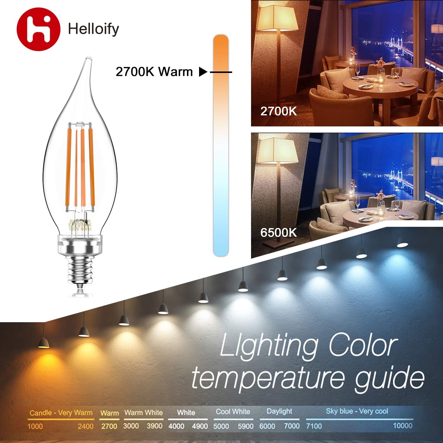 Helloify 60W Equivalent Dimmable 5.5W BA11(CF35) Vintage LED Edison Filament Candles Light Bulbs, 500lm Clear Glass Candelabra/Chandelier Bulbs, 2700K Soft White Light, E12 Base, 6PCS