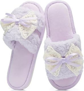 GOEWY Women's Open Toe Memory Foam Slippers -Cute Fuzzy Shoes with Lace Bow | Soft Plush House Slides for Indoor and Outdoor Comfort, Summer Cozy Non-Slip Gifts for Women Mom Ladies