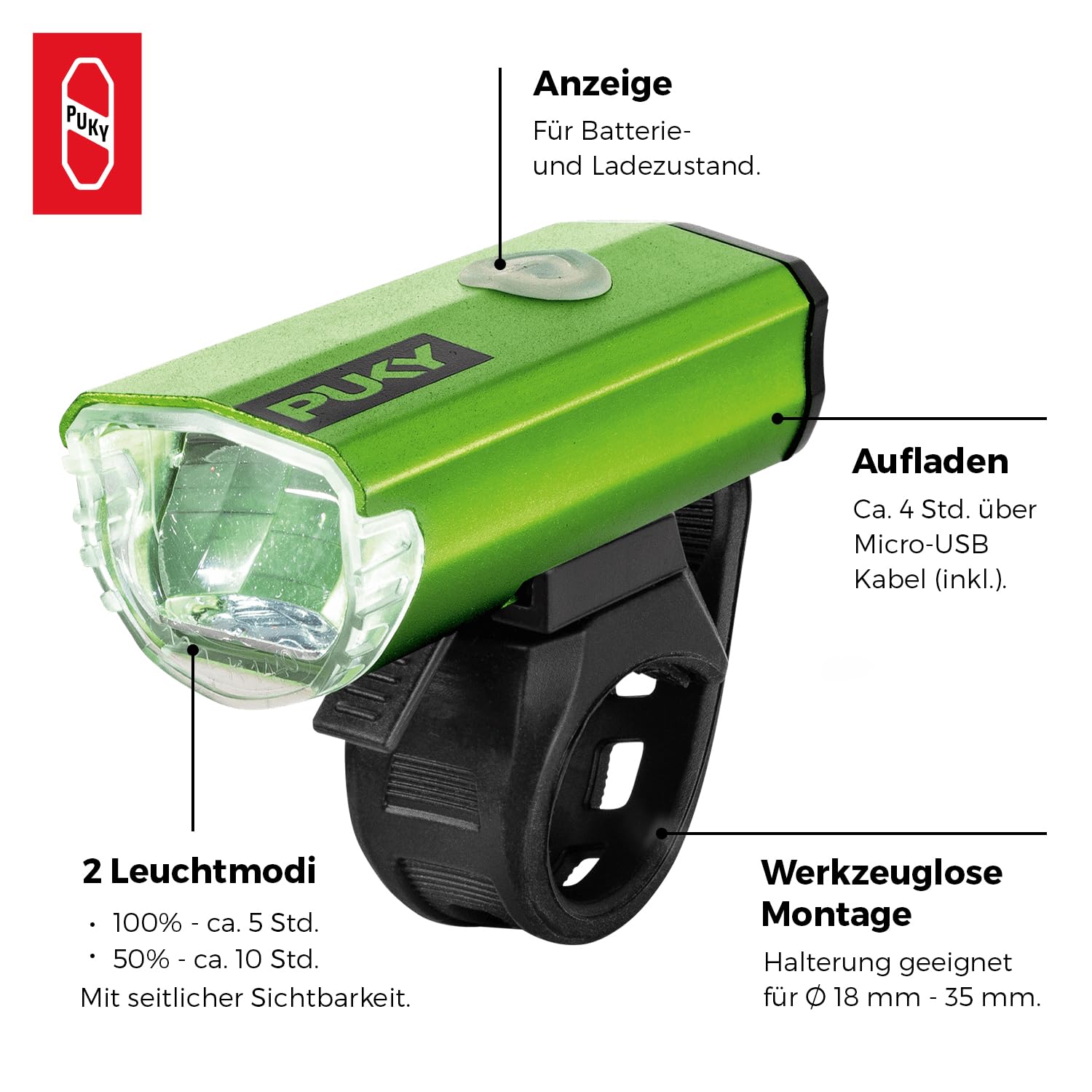 PUKY LUMI LED-Frontscheinwerfer & Rücklicht-Set | Seitliche Sichtbarkeit | Werkzeuglose Montage | Für 20