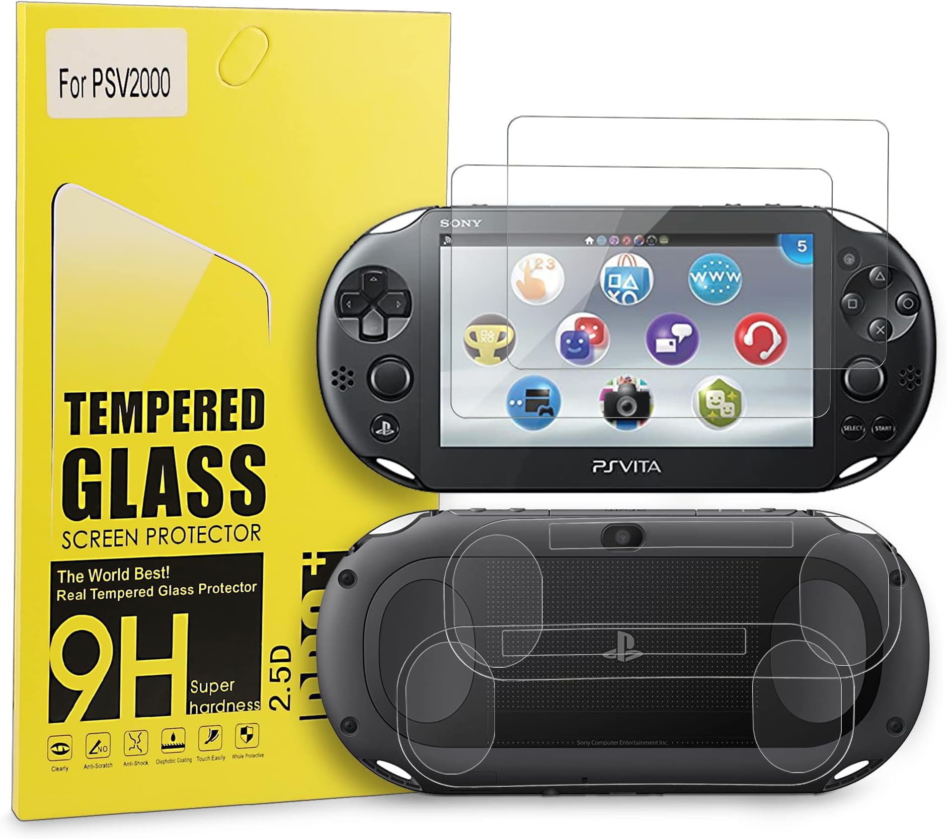 PS Vita 2000 Screen Protector, 9H Tempered Glass Front Screen Protector and HD Clear PET Back Screen Protective Film for Sony PlayStation Vita 2000