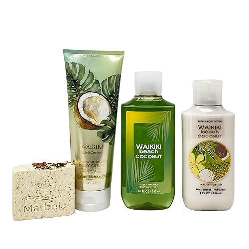 Bath & Body Works Waikiki Beach Coconut - Juego de 3 piezas, crema corporal, gel de ducha, loción corporal, con jabón cremoso en barra de rosas,