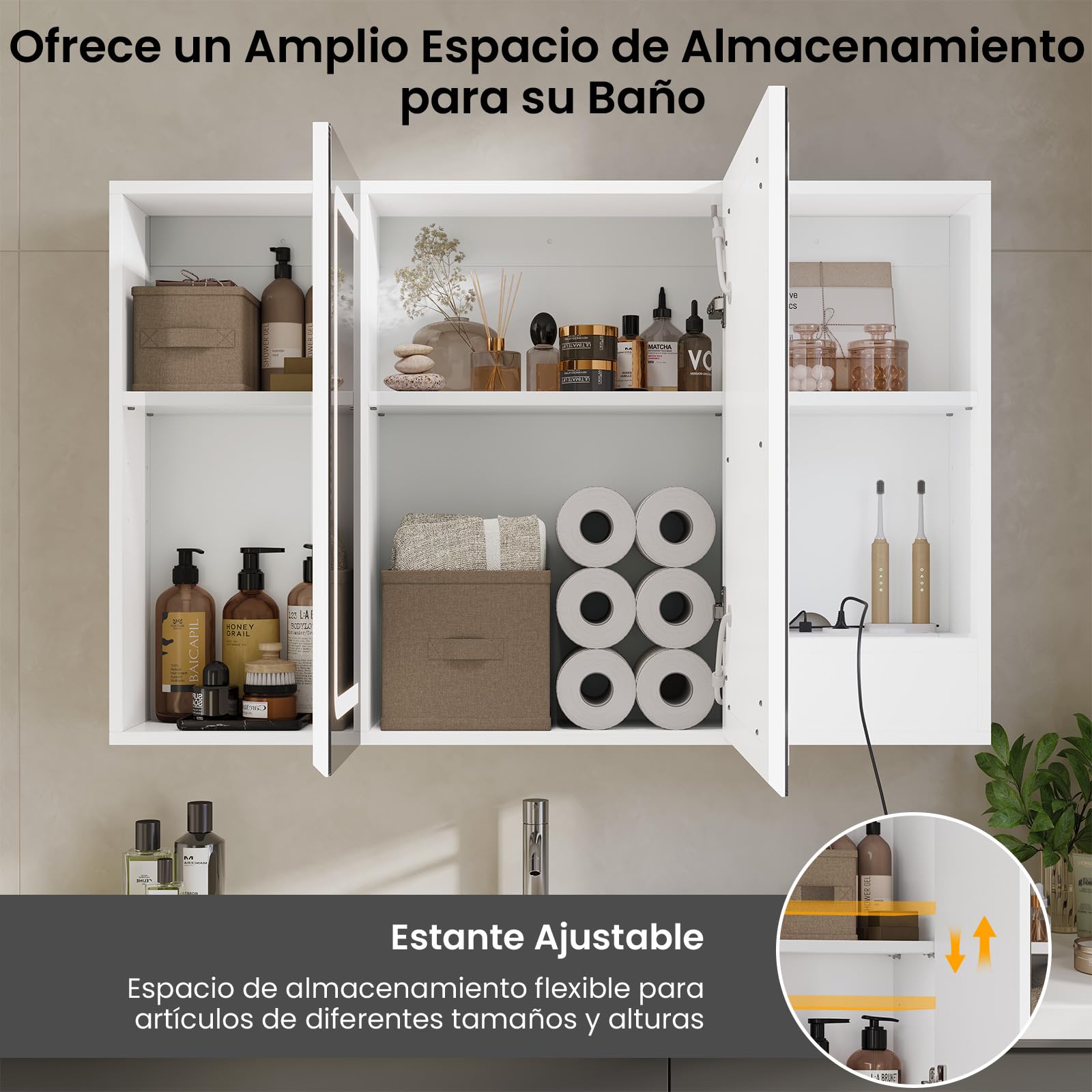 DICTAC Armario con Espejo,iluminación LED y Enchufe Armario Baño de Pared con 3 Puertas Espejo,Mueble Baño de Pared con Espejo y Estantes Ajustable,Mucho Espacio de Almacenamiento,90x60x16cm, Blanco