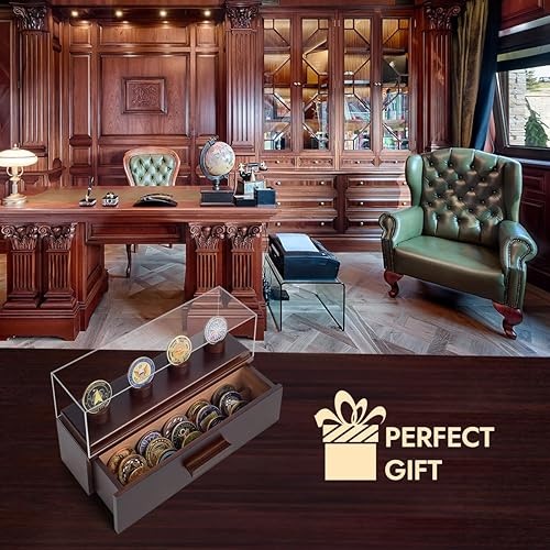 Miniatura 7 de ULTRGEE Challenge - Estuche expositor de monedas para medallas militares, vitrina de madera con cajones y cubierta acrílica resistente a los rayos