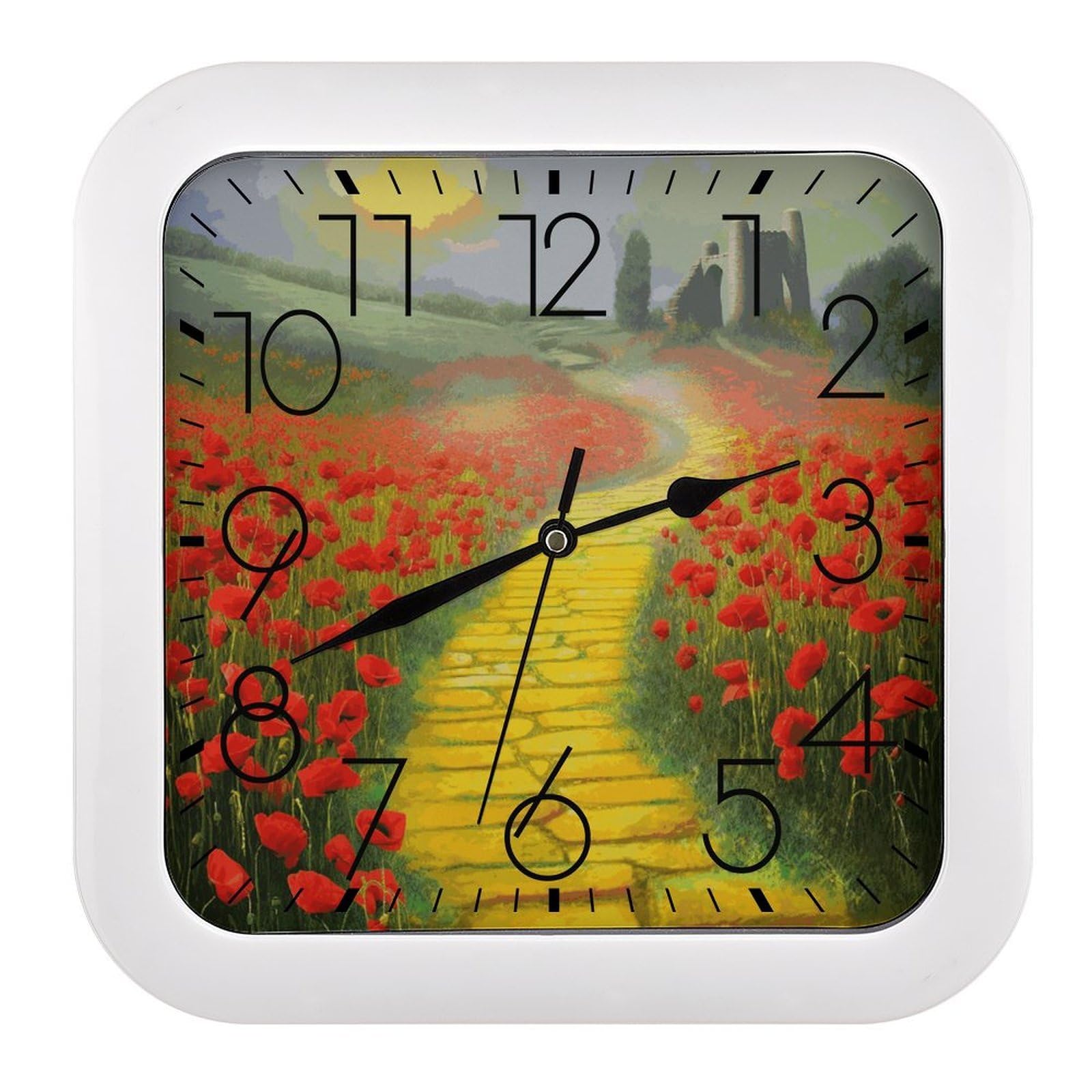 LDGSUPH Poppies Field Yellow Brick Road Wall Clock Silent Non-Ticking Modern Clock Personalized Vintage Square Clocks for Travel Office Kitchen Home Decorative Clocks 10.2 Inch