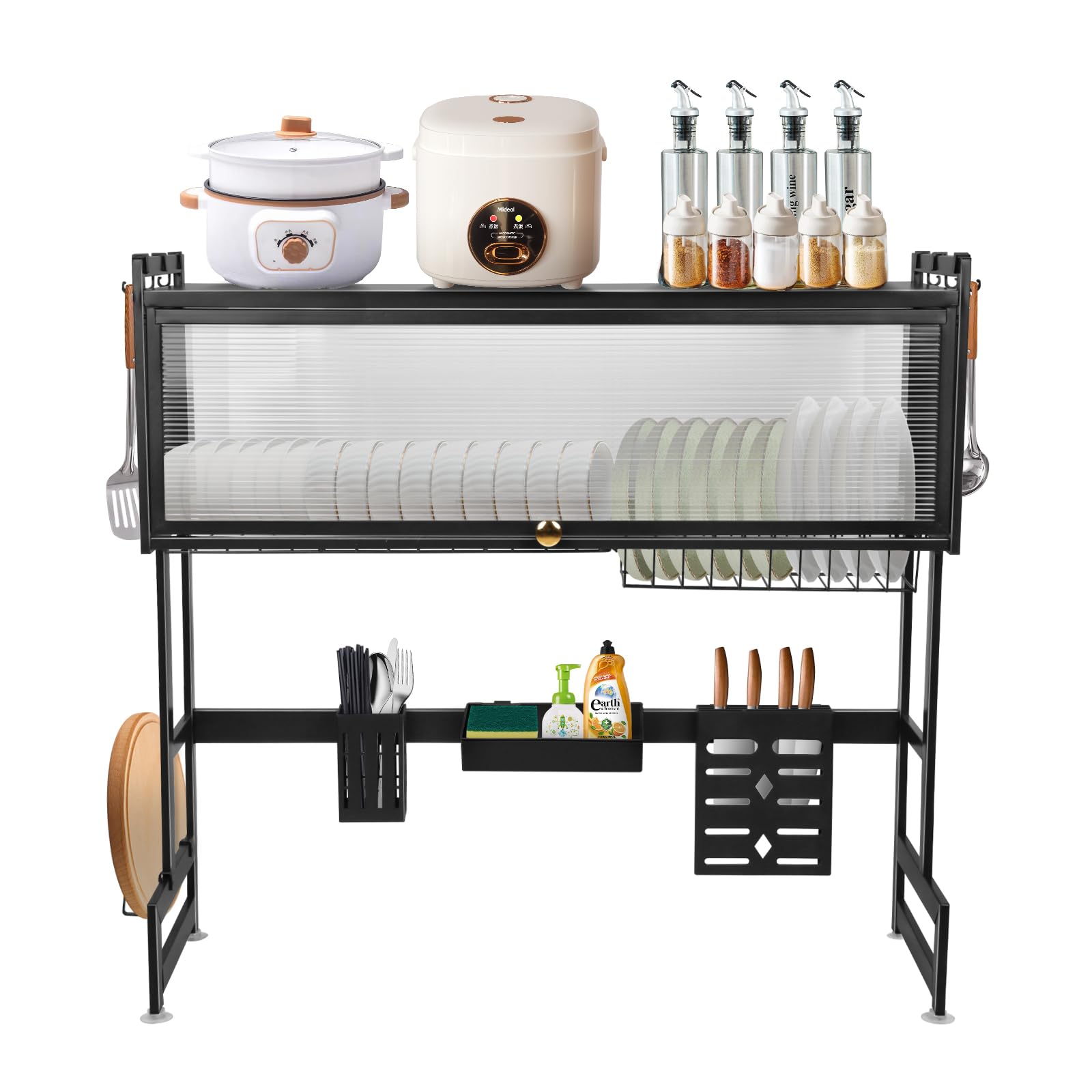 LANTUS Almacenamiento para fregadero, cocina, estante de secado/escurreplatos, acero inoxidable, con puerta, escurreplatos para escurreplatos, estante de almacenamiento grande, 85 x 30 x 78 cm, negro