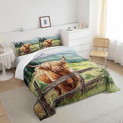 Miniatura 4 de Castle Fairy Juego de edredón de vaca de las tierras altas de granja, tamaño King, ropa de cama rústica de acuarela verde para todas las estaciones,