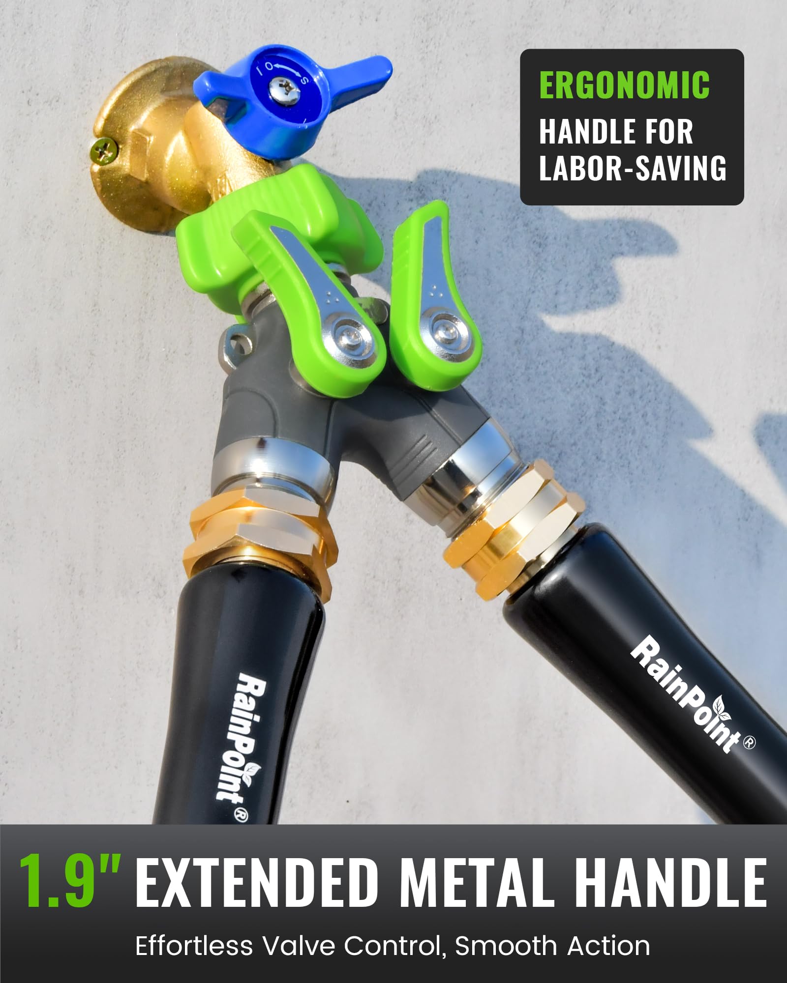 RAINPOINT Sdoppiatore per tubo da giardino, 2 vie, resistente, con valvole di intercettazione, corpo in metallo 100% esterno, manico in metallo extra lungo da 4,8 cm, filettatura GHT da 3/4" (verde, 2