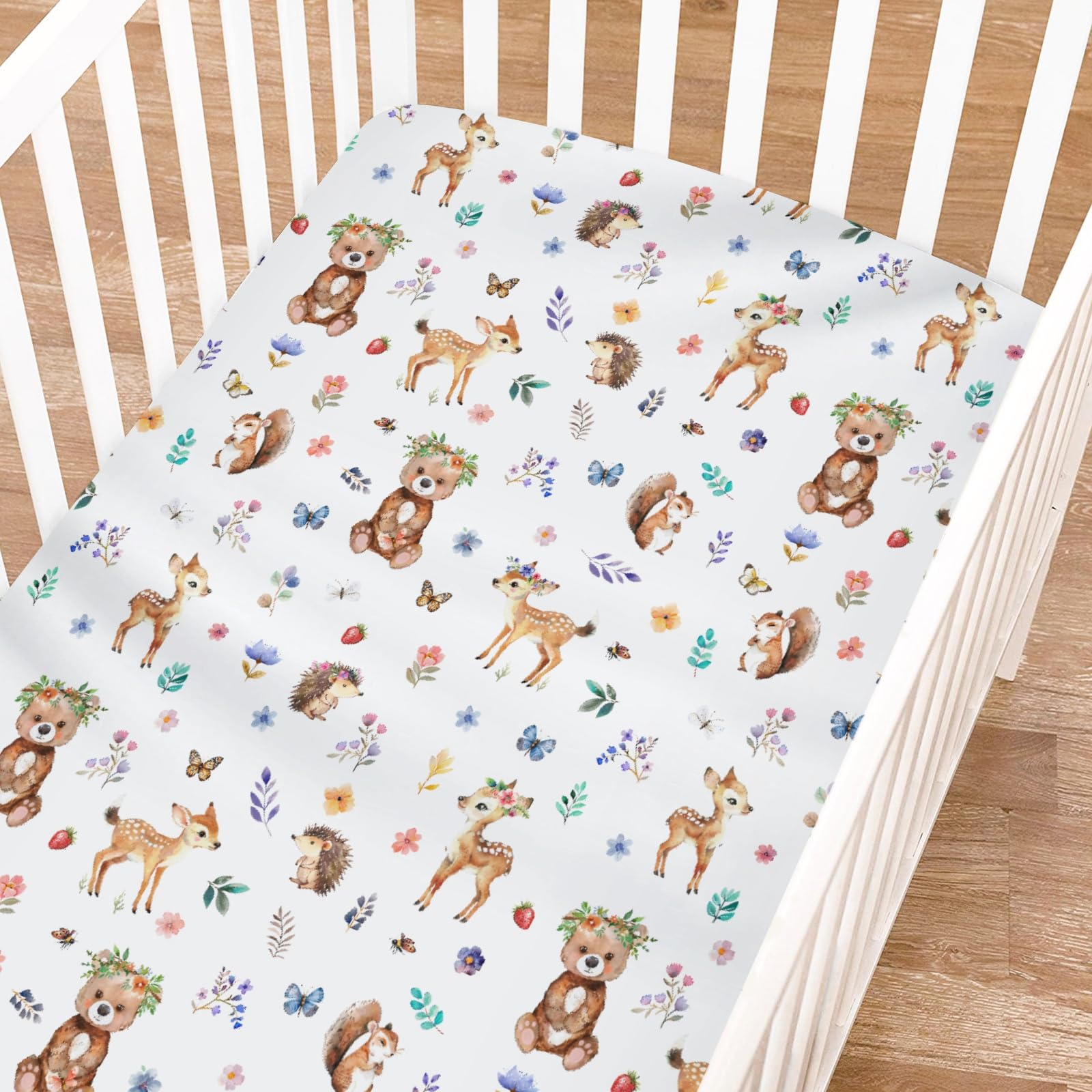 Cute Animals Fitted Baby Crib Sheet for Boy Girl 52"x28" Bear Squirrel Deer Hedgehog Floral Leaves Soft Breathable Baby Nursery Bed Sheet Fits Standard Crib and Toddler Bed Mattresses