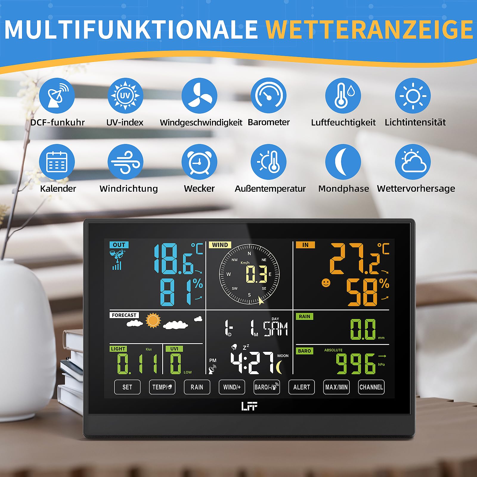 LFF 7-In-1 Wetterstation Funk mit Außensensor, 7,5-Zoll-Display Funkwetterstation mit DCF-Funkuhr, Wetterstation mit 4-Stufen Hintergrundbeleuchtung, UV-Index,Windmesser, Regenmesser, Wettervorhersage