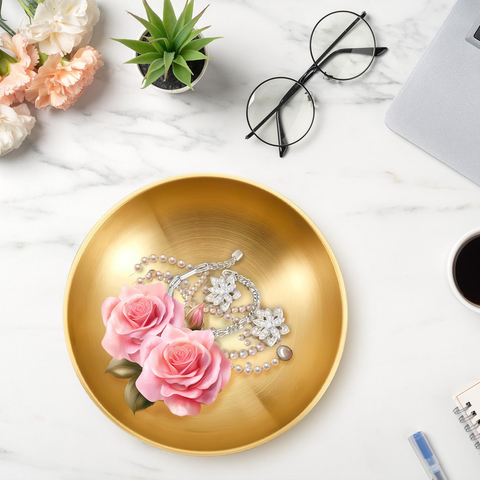Paquete de 2 cuencos decorativos de acero inoxidable dorado, 7.2 pulgadas de metal para mesa de entrada, decoración del hogar, plato moderno para llaves para mesa de café, encimera de cocina, mesa