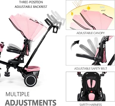 Kinder King Kids Tricycle, 8 in 1 Folding Toddler Trike w/Adjustable Push Handle, Rotatable Seat, Adjustable Canopy, Bell, Five-Point Harness, Storage, Bike Tricycle for Toddlers 1-5, Pink