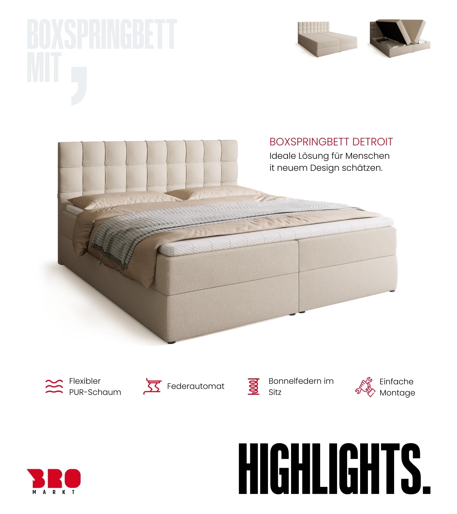BROMARKT Boxspringbett 180x200cm mit Topper und Bettkasten H3 Beige | Doppelbett für Schlafzimmer mit Bonell Matratze Stauraum und gepolsterte Kopfstütze Bett Bed Einzelbett Federkern DETROIT
