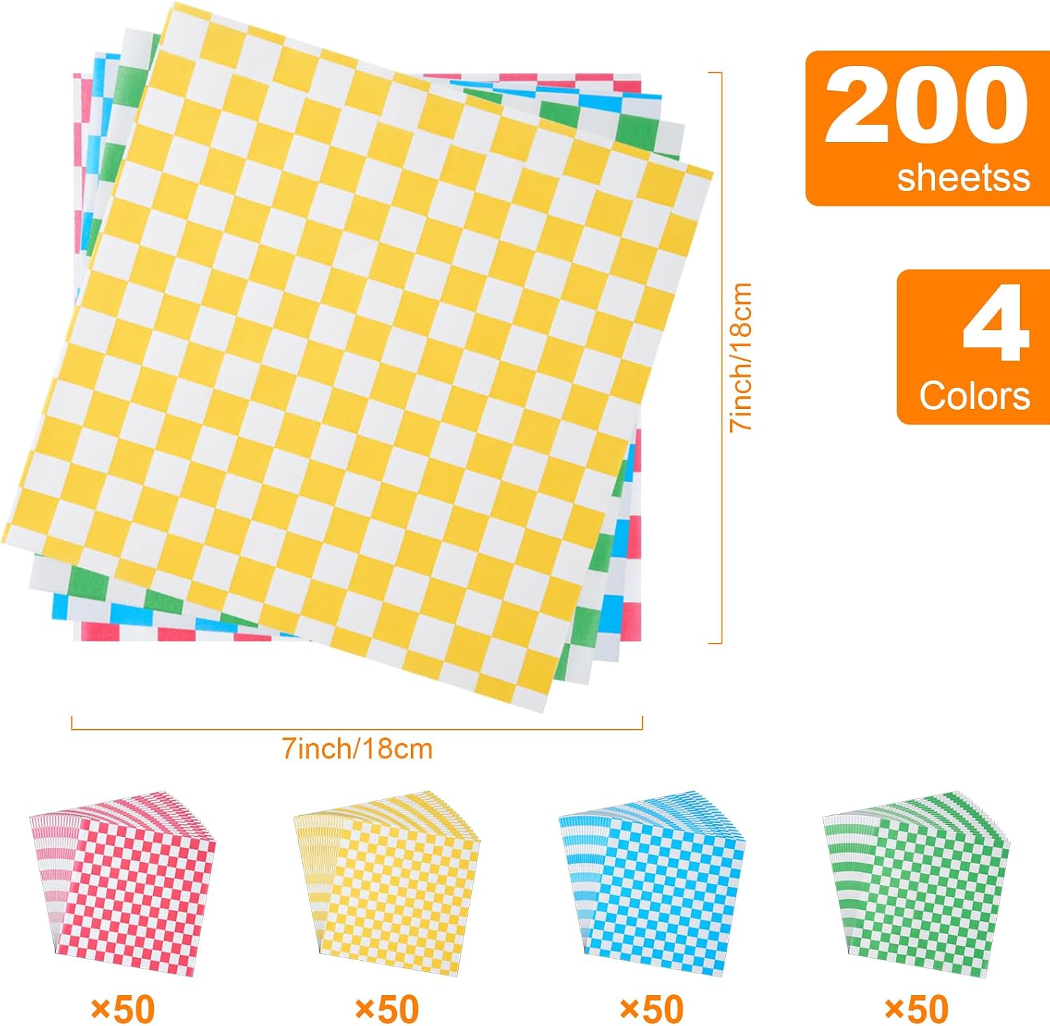 200 Pcs Waxed Deli Paper Sheets 7x7 Inch Greaseproof Food Basket Liners for Sandwiches, Burgers Wrapping, Multi-Color Checkered Paper for Kitchen, Food Truck, Party (200pcs)