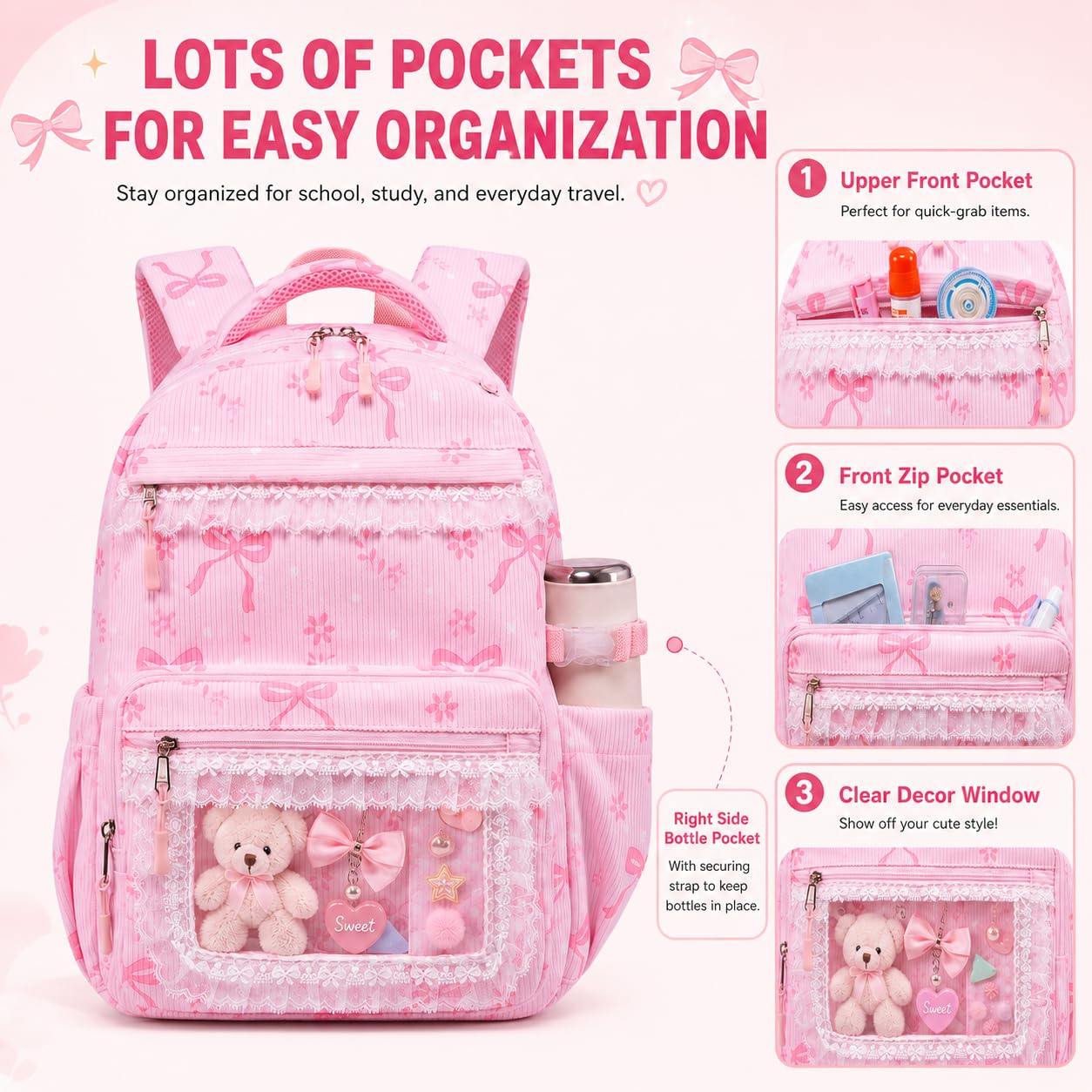 LEDAOU Rucksack für Mädchen, Schultasche, Kinder, Büchertasche, Teenager-Rucksack-Set, Tagesrucksack mit Lunchtasche und Federmäppchen, A-Spitze Schleife Rosa, 17.3"H x 12.2"L x 5.9"W | Kinder