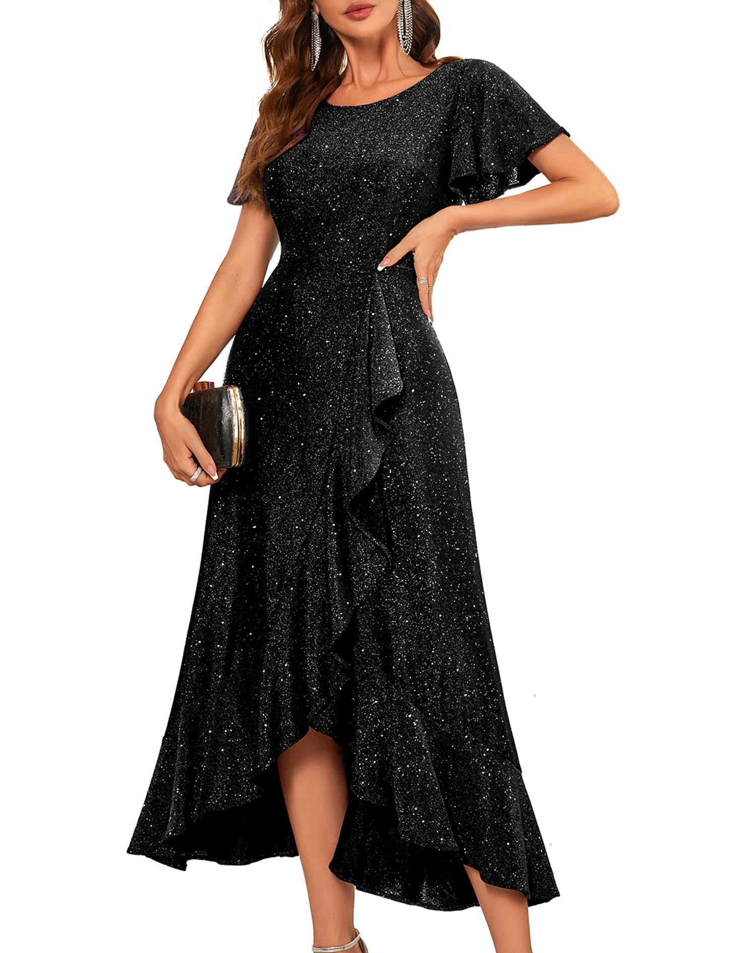 Berylove Damen Abendkleid Lang Glitzer Ballkleid mit Rüschen Saum Kleid Festliche Kleider für Hochzeit Partykleid Kleider Elegant