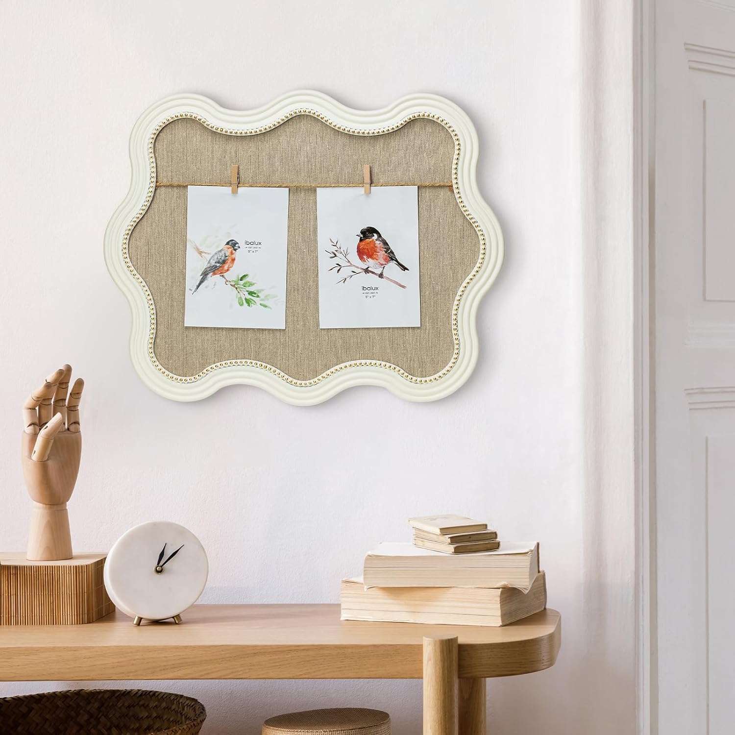 Linen Picture Board, Solid Wood White Wavy Border Collage Frame, 19.6"x15.4", Display Multi-Size Photos with Clips & Jute Rope, Home Kitchen Office Decorative Hanging or Wall Organizer