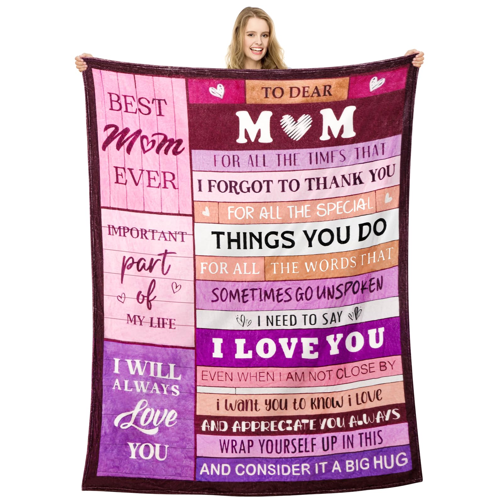Gift for Mum, Mother’s Day Birthday Presents for mum, 150 x 200 cm Ultra Soft Flannel Throw with Printed Blessing Messages, Personalized Fleece Blanket Gift for Birthday, Christmas, Mother’s Day