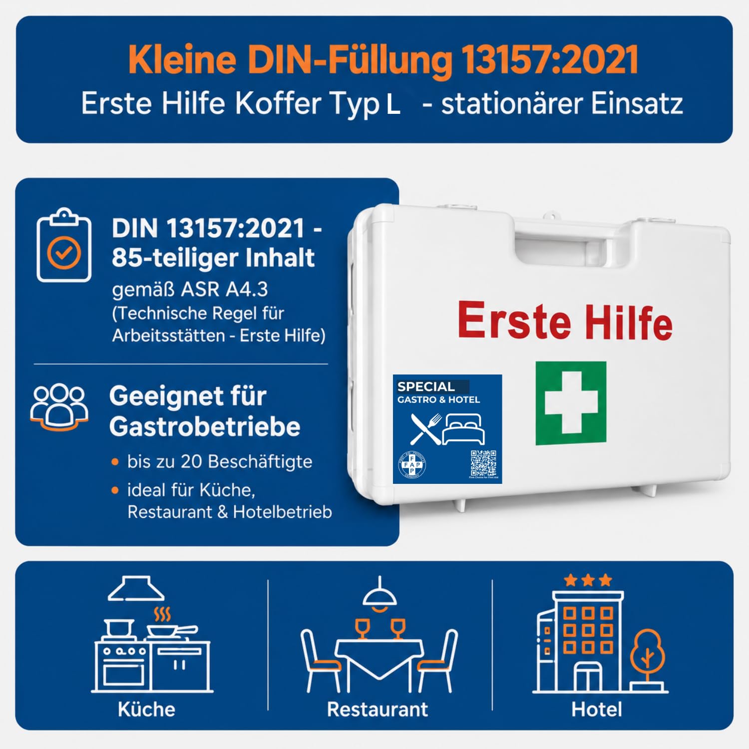 First Aid Products Erste-Hilfe-Koffer Gastronomie Hotel DIN 13157 gefüllt - Weiß | Detect-Pflaster HACCP & Burngel | Gastro Küche Restaurant, Betriebsverbandkasten Wandhalterung - 33×42×15 cm