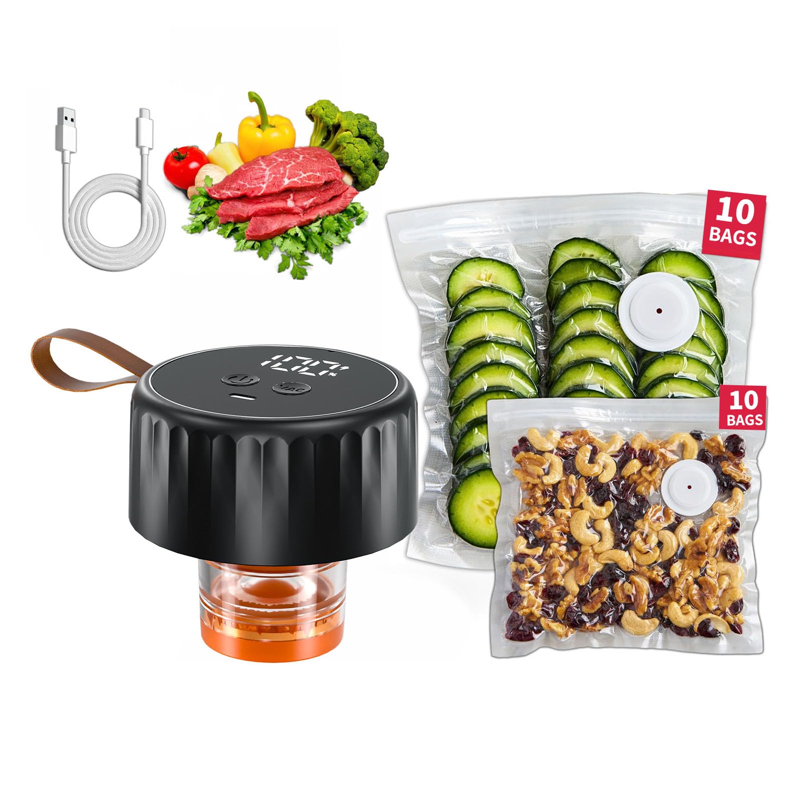ViaGasaFamido Máquina de Sellado Al Vacío Mason Jar Portátil y Versátil para Almacenamiento de Alimentos con 20 Bolsas de Vacío Incluidas